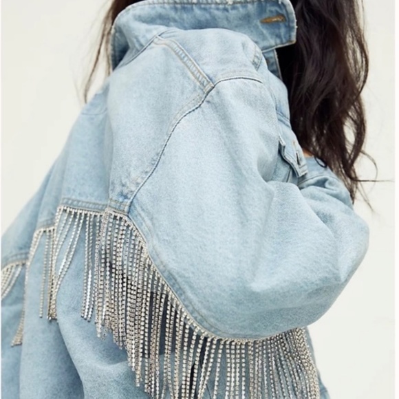 Free People Comet Rhinestone Fringe Denim Bomber Jacket in Meteor Wash - Picture 3 of 6